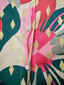 标准尺码女士全身印花短袖衬衫，裹身纽扣设计，适合春夏度假穿着 - 彩色 - 查看 5