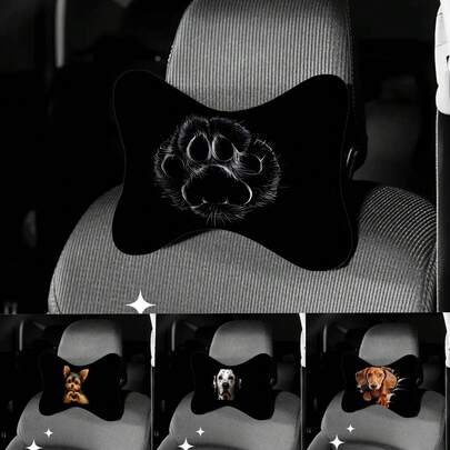 1件/2件装可爱狗狗印花汽车头枕套，车载颈枕，汽车内饰配件，四季皆宜的骨头形颈枕