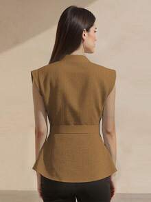 Amyenjoylife Modern Filipiniana Sleeveless Stand Collar Button-Up Peplum Top, Brown - Coffee Brown - View 2