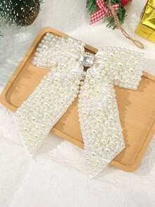 1个女士白色时尚优雅仿珍珠蝴蝶结弹簧发夹，适合日常佩戴和聚会场合 - 白色 - 查看 2