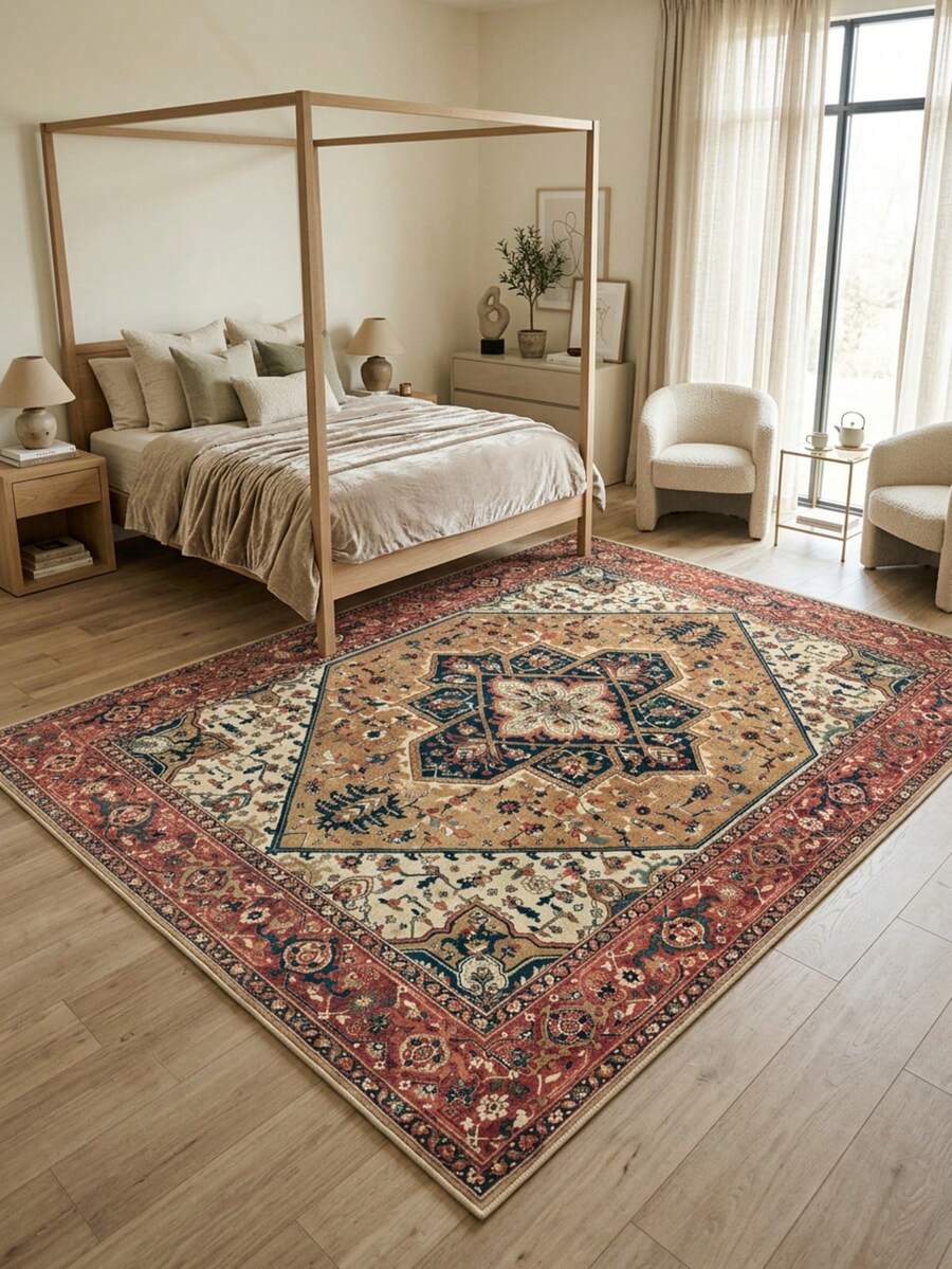 1pc Vintage Persian-Bohemian Classic Floral Rug/Carpet/Area Rug/Doormat, Soft Faux Wool, Suitable For Bathroom, Kitchen, Entryway, Hallway, Bedside, Living Room, Bedroom, All Season Machine Washable, Home Decor - Multicolor - View 1