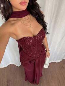 Elegant Sexy Sweetheart Neckline Ruched Waist Sequin Mermaid Prom Dress - 紅色 - 查看 2