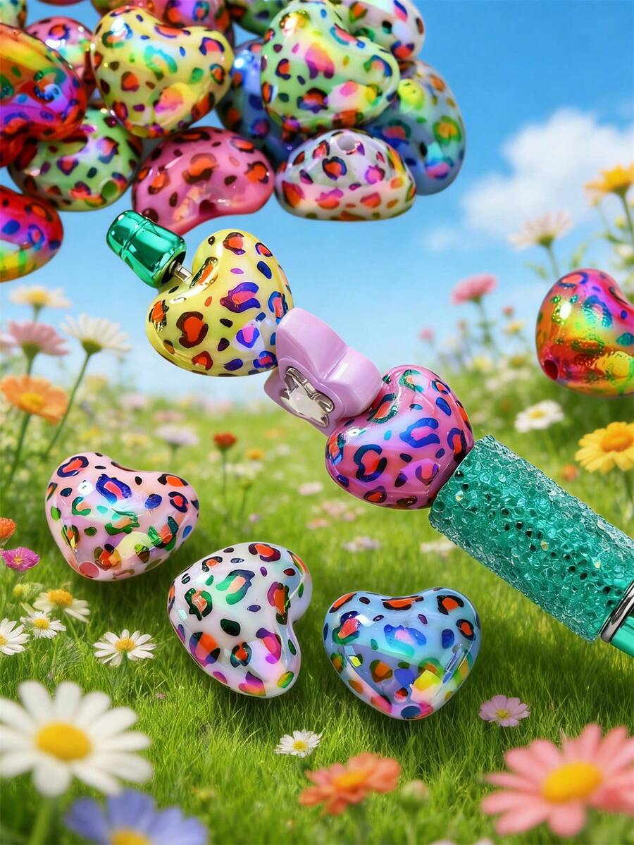5/10/20/30/50pcs Multi-Color Fashionable Cute Leopard Print Heart Beads, Focal Beads Suitable For DIY Necklace, Bracelet, Earring, Keychain, Phone Strap, Decorative Pen, Couples Gift - Multicolor - View 1
