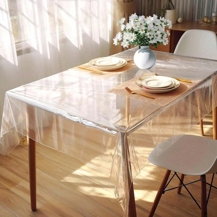 Transparent Vinyl Tablecloth, Water-Resistant And Wrinkle-Proof, Made Of PVC Plastic, Suitable For Dining Tables In Restaurants, Picnics, And Outdoor Parties. Rectangular And Square Designs, Can Be Used As A Table Protector, Easy To Clean, Customizable, Suitable For Handmade Projects, Home And Kitchen Decoration, Washable, Reusable. - White - View 1