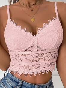 Camiseta de tirantes con adorno de encaje rosa, esencial para el verano - Rosa - Ver 1