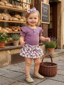 Newborn Baby Girls Summer Outfit Short Sleeve Romper Daisy Print Layered Ruffled Shorts Headband 3Pcs Clothes Set - 紫色 - 查看 3
