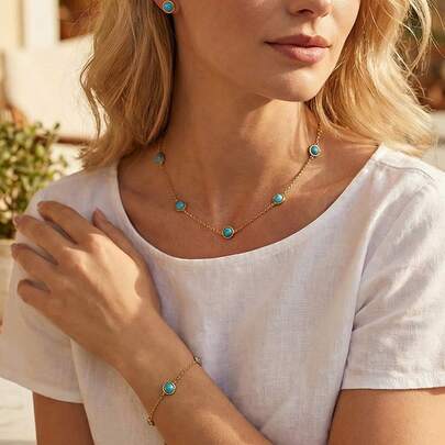 Conjunto de joyas minimalista de turquesa, collar, pulsera y aretes de acero inoxidable dorado para mujer, conjunto de accesorios de moda versátil