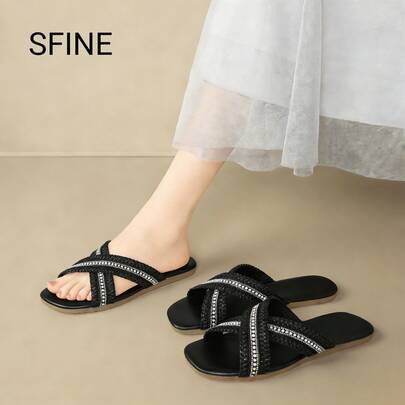 1 pieza Nuevas sandalias planas con tiras cruzadas y cuentas, adecuadas para primavera/verano, sandalias planas distintivas con doble tira, sandalias de punta abierta, pantuflas ligeras antideslizantes y duraderas, nuevas sandalias de moda minimalista para playa, vacaciones y uso casual en casa