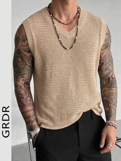  Camiseta de tirantes calada de punto para hombre GRDR, estilo vintage americano de malla de manga corta, corte holgado para usar en verano y vacaciones en la playa