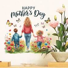 1pc Mother & Child Theme Wall Decal With Floral And Butterfly Patterns, Happy Mother's Day Wall Sticker, DIY Removable Self-Adhesive Decorative Decal, Easy To Install, Suitable For Living Room, Bedroom, Study, Office And More Scenes - Mother's Day - View 5