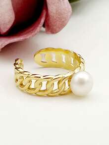 1 pièce Bague réglable en acier inoxydable plaqué or 18 carats avec chaîne cubaine et perle, convient pour les occasions quotidiennes, les trajets et les rendez-vous - R0235-02 - Voir 4