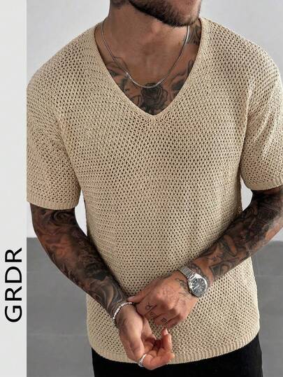  GRDR Men's V-Neck Hollow-Out Knit T-Shirt, American Vintage Mesh Short Sleeve, Loose Fit Summer Beach Holiday Tops