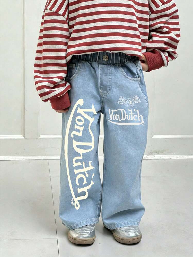 Von - Retro "Eyeball & Wings" Letter-Print Jeans | Light Blue Loose Wide-Leg Trousers | Kids' Streetwear Pants - 霧霾藍 - 查看 2