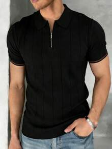 GRDR Camiseta de manga corta con cuello de cremallera y costillas verticales para hombre - Uso diario casual - Negro - Ver 2