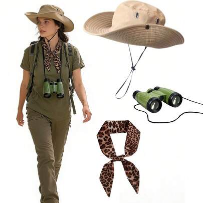 3件套女士野生动物主题服装配饰套装，包括豹纹围巾、渔夫帽、双筒望远镜道具，适合节日角色扮演、派对、舞台表演、户外拍摄、生日庆祝、节日礼物