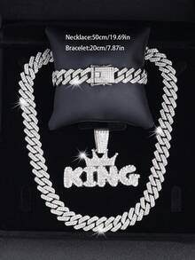 3件套嘻哈时尚首饰套装，不锈钢男士十字架项链配多层链，水钻手链，男女皆宜的完美礼物 - 銀色 - 查看 7