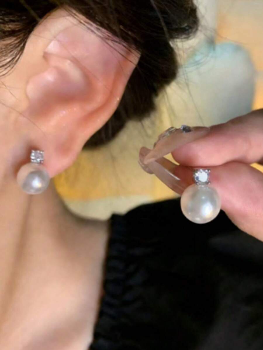 高品质手工珍珠纽扣耳环，镶嵌立方氧化锆，低过敏性珍珠耳环，新娘婚礼礼物，女士生日礼物，夏季饰品 - 銀色 - 查看 1