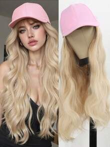 26英寸金色长卷发假发，配有粉色一体式棒球帽，耐热，适合日常佩戴 - 金色 - 查看 11