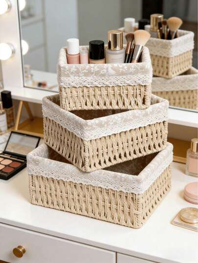 1个/3个装桌面收纳篮，带/不带盖，多用途收纳篮，可用于收纳玩具、钥匙、化妆品等，适用于家居、厨房、浴室、卧室、客厅、宿舍、办公桌、家居装饰、置物架、礼品篮。| 复活节篮、收纳篮、厨房配件、厨房收纳、婚礼、篮子、卧室、收纳整理、房间装饰、礼品篮、藤编篮、收纳盒、收纳容器、房间装饰。