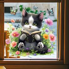 1pc Removable Reading Cat Window Sticker, Cute Cat With Flowers & Butterflies Window Decal For Living Room And Bathroom - one-size - View 1