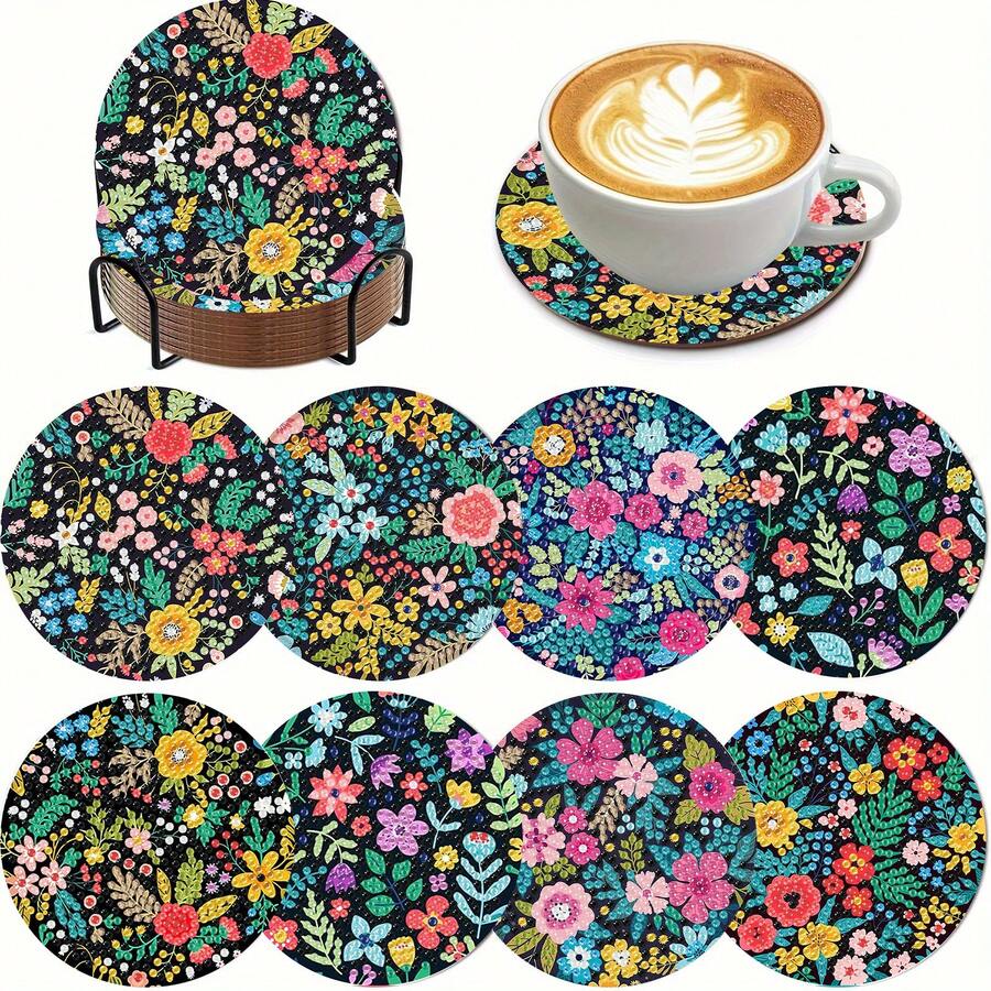 8pcs Flower DIY Diamond Painting Coaster Set, Round Bright Diamond Surface, Sturdy Adhesive With Full Tools, Easy For Beginners, Stress Relief Handcraft, New Year, Valentine's Day, Christmas, Teacher's Day Gift, Home Decor Coasters For Family, Friends, Girlfriend, Teacher