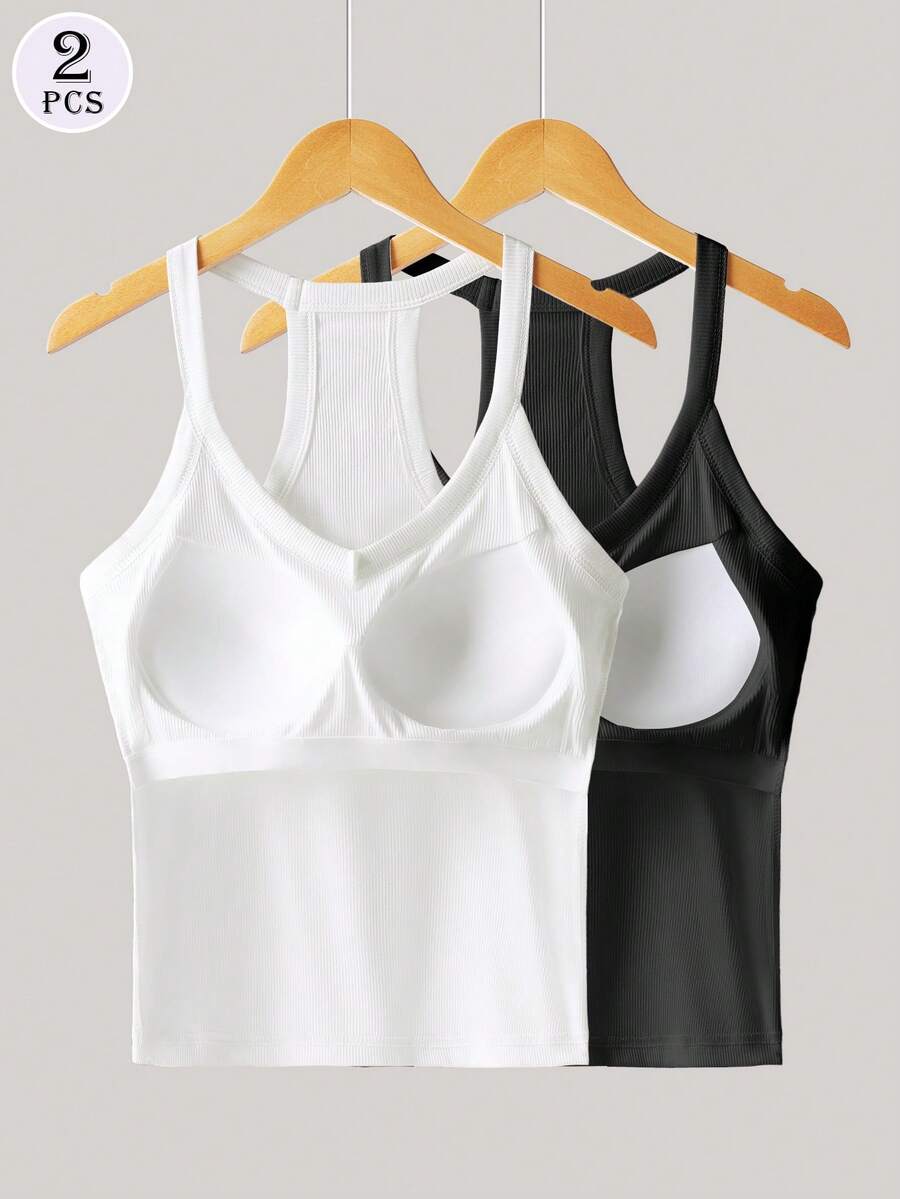 2pcs Striped Sports Camisole, Built-In Padded Seamless Cami Top, Versatile Comfortable Undershirt For All Seasons - Multicolor - View 1