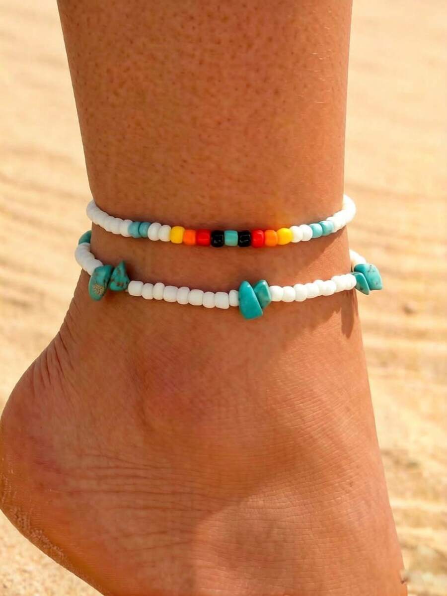 imoli Bộ 2 vòng chân đính hạt và đá phong cách Bohemian tối giản dành cho nữ, món quà hoàn hảo khi đi du lịch và nghỉ dưỡng (Số lượng và kích thước hạt thủ công có thể thay đổi)