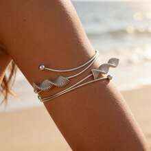 1pc Silver Wavy Shell Armband, Bohemian Gold Summer Beach Style Adjustable Stainless Steel Arm Cuff For Women - Silver - View 4