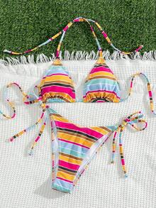 Bộ đồ bơi hai mảnh gợi cảm, tối giản, thanh lịch dành cho nữ, kiểu cổ yếm buộc dây, họa tiết sọc toàn thân, thích hợp cho kỳ nghỉ biển, hàng mới về mùa xuân/hè. - Nhiều màu - Xem 2