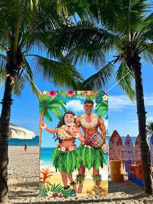 1pc Oversized Hawaiian Photo Prop Banner, Hawaiian Summer Photography Background, Hawaiian Themed Party Decor, Tropical Luau Couple Doorway Curtain Decor, Hawaiian Party Decorations, Fabric Luau Photo Booth Backdrop, Aloha Tiki Background For Beach Party - A - View 3