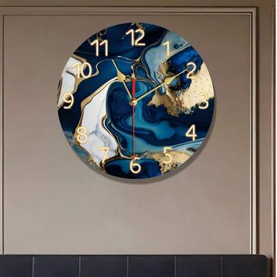 1pc Fantasy Theme - Navy Blue And Gold Marble Swirl Design Wall Clock, Wooden Round Silent Wall Clock, Suitable For Living Room, Bedroom, Kitchen, Office Decor, Home Decor, Great Gift For Business Partners, Battery Powered