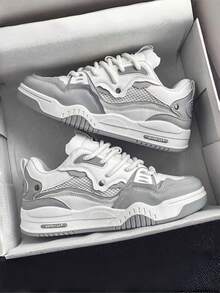 Two-Tone Chunky Sneakers Men's Comfy Non-Slip Lace-Up Casual Shoes - 白灰 - 查看 1