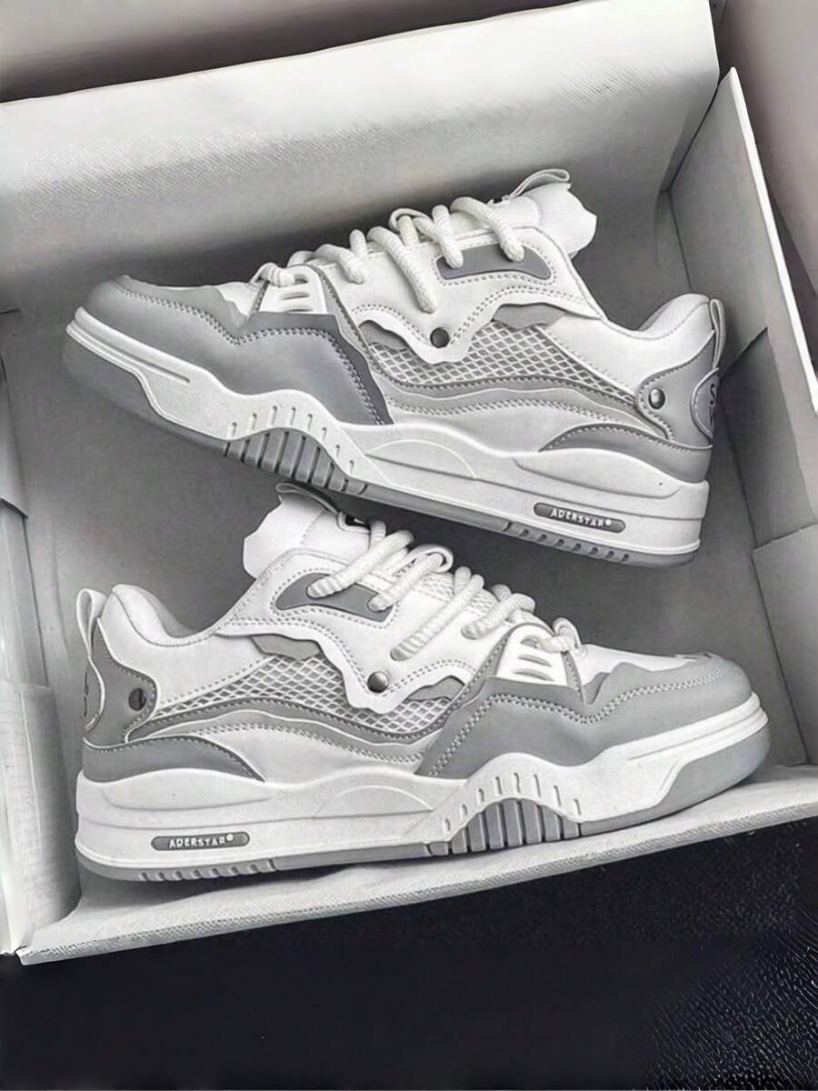 Two-Tone Chunky Sneakers Men's Comfy Non-Slip Lace-Up Casual Shoes - 白灰 - 查看 1