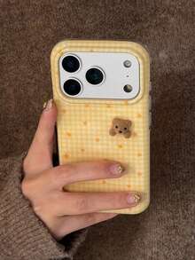 Ốp lưng điện thoại hình gấu dễ thương thời trang Y2K 3D họa tiết ngôi sao cam và kẻ caro vàng, phù hợp với 17 Pro Max, 17 Pro, 16 Pro Max, 17 Air, 14 Pro, 13, 12 Pro Max, 15 Plus, 17. Ốp bảo vệ mềm mại, quà tặng mùa xuân. - Màu vàng - Xem 4