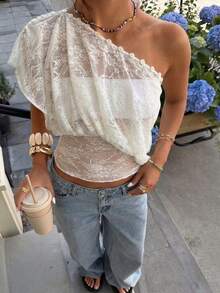 Conjunto de 2 piezas de verano casual y sexy de tela de encaje, diseño con botones, parte superior sin tirantes de manga corta, elegante y de moda para uso diario y vacaciones en color blanco - Blanco - Ver 6