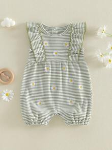Infant Baby Girls Rompers Daisy Embroidery Stripe Crew Neck Ruffles Fly Sleeve Waffle Infant Bodysuits Jumpsuits - 綠色 - 查看 6