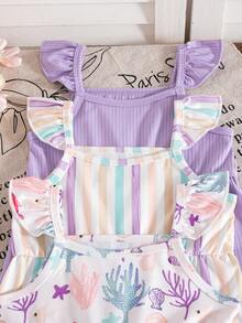 Baby Girls' Summer Underwater Animal Print, Striped & Solid Color Flutter Sleeve 3-Piece Romper Set, Sporty Outdoor - Mauve Purple - View 10