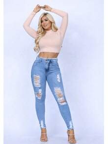 Women's Skinny Jeans, High Waist, Shapes Butt, Premium Line - 藍色050 - 查看 3