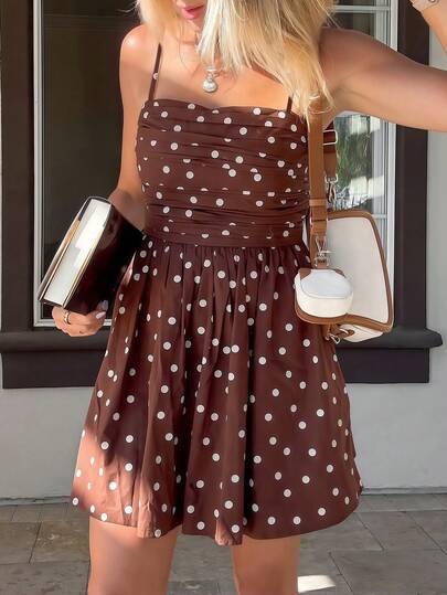 New Elegant Polka Dot Vintage Elegant Cute Casual Pleated Bust Dress, Suitable For Evening Date, Vacation, Everyday Wear, All Seasons Summer