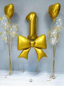 12pcs Birthday Decoration Set, Large Gold Bow Foil Balloons, 40-Inch Gold 0-9 Birthday Number Balloons, 18-Inch Gold Heart Balloons, Clear Latex Balloons (With Balloon Ribbons), Suitable For Birthday Party, Anniversary Decoration - Gold - View 1