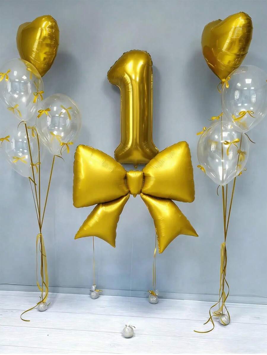 12pcs Birthday Decoration Set, Large Gold Bow Foil Balloons, 40-Inch Gold 0-9 Birthday Number Balloons, 18-Inch Gold Heart Balloons, Clear Latex Balloons (With Balloon Ribbons), Suitable For Birthday Party, Anniversary Decoration - Gold - View 1