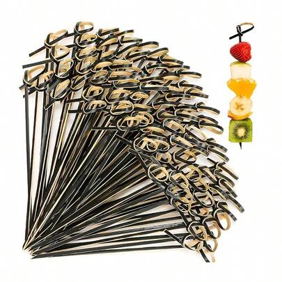 10/50/100pcs Black Bamboo Cocktail Picks 4 Inch With Loop, Food Picks, Party Toothpicks, Suitable For Appetizers, Cocktails, BBQ Snacks, Club Sandwiches