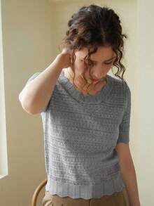 Knit Mix Áo sơ mi nữ thanh lịch, áo thun ngắn tay cổ tròn khoét lỗ, viền ren độc đáo, phù hợp với dáng người nhỏ nhắn, màu trơn, thích hợp mặc thường ngày/công sở, áo mùa xuân/hè, màu kem cổ điển tinh tế, trang phục đi học mùa xuân/hè, cũng thích hợp cho các ngày lễ như Giáng sinh, Lễ Tạ ơn và Năm mới. - Xám - Xem 5