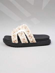 1 Pair Girls' Tweed Pearl Slide Sandals For Gentle Style Platform Summer Wear(Popular New Products) - Beige - View 6