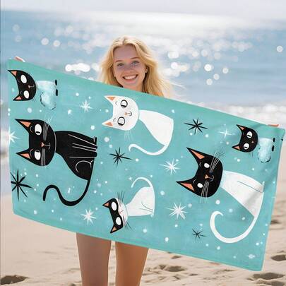 1 khăn tắm biển in hình mèo hoạt hình, mềm mại, thoải mái và nhẹ, thích hợp cho du lịch, bơi lội, lặn biển, lướt sóng, yoga, cắm trại và các phụ kiện bãi biển khác.