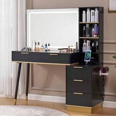 Mesa de tocador con diseño acanalado de 48 pulgadas con espejo y luces LED ajustables, mesa de maquillaje moderna con 5 cajones, 3 estantes de exhibición, superficie de vidrio y estación de carga integrada para dormitorio o vestidor, color negro.