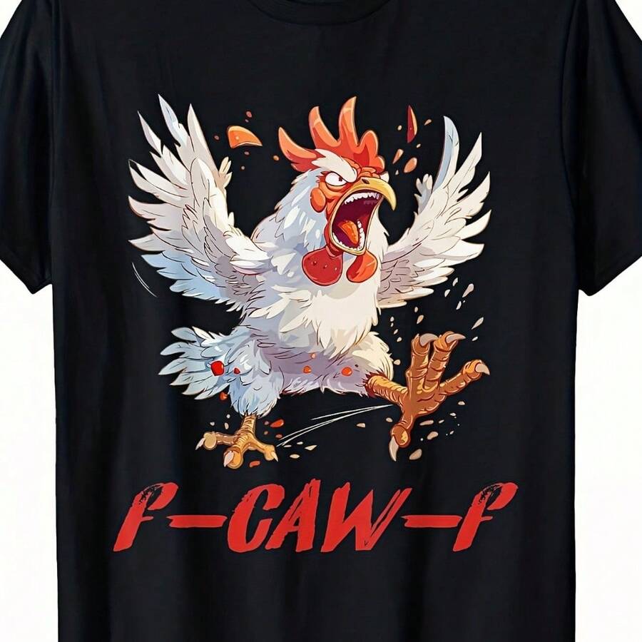 Funny Chicken Humor F Caw F Introduction Rooster Meme T-Shirt - Red Letter Print T-Shirt, Medium Stretch Fabric, Men's Casual Streetwear - 黑色 - 查看 1