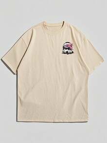 Fractyr 男士夏季时尚简约街头樱花树汽车元素印花圆领短袖T恤 | 百搭街头休闲日常穿搭，男友/老公礼物 - 杏色 - 查看 3