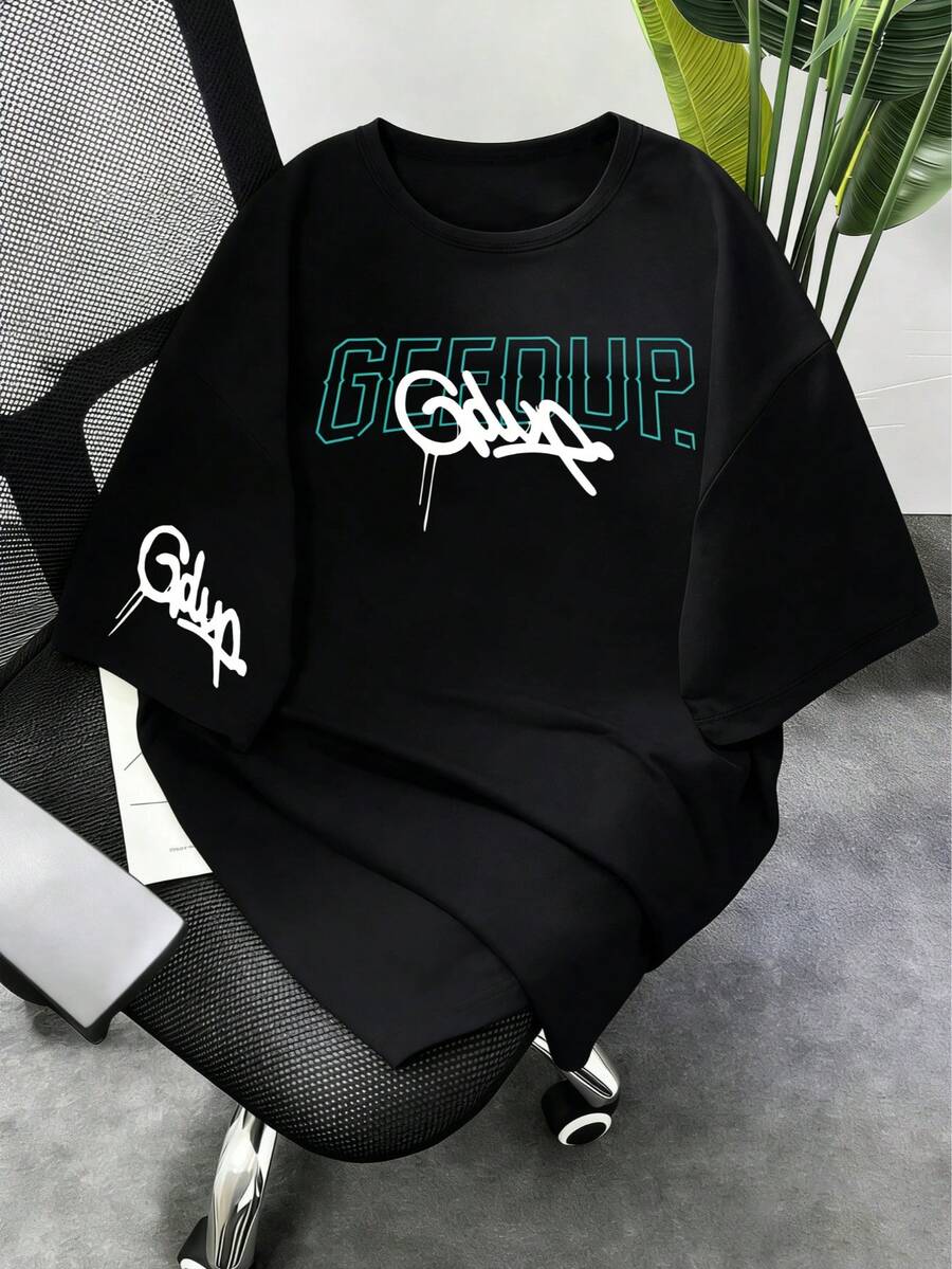 Áo thun nam in chữ kiểu dáng thường ngày, áo đôi cổ tròn tay ngắn, thích hợp cho mùa xuân/hè, ngày Valentine. - màu đen - Xem 1