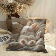 1 Easter Fluffy White Angora Rabbit Sleeping On A Soft Blanket Pillowcase, Machine Washable, Suitable For Living Room, Bedroom, Sofa And Bed - Suitable For All Room Styles, Double-Sided, No Pillow Core, Perfect Home Decoration And Holiday Gift - 1PC - View 2